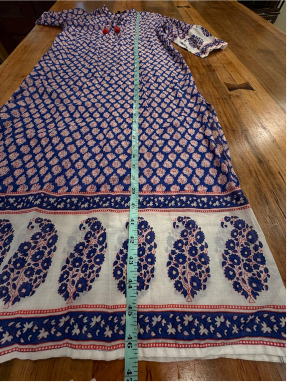 J. Crew Blue Paisley Cotton Caftan Maxi Dress Tassel Tie Boho Coastal XXXS - Picture 12 of 13